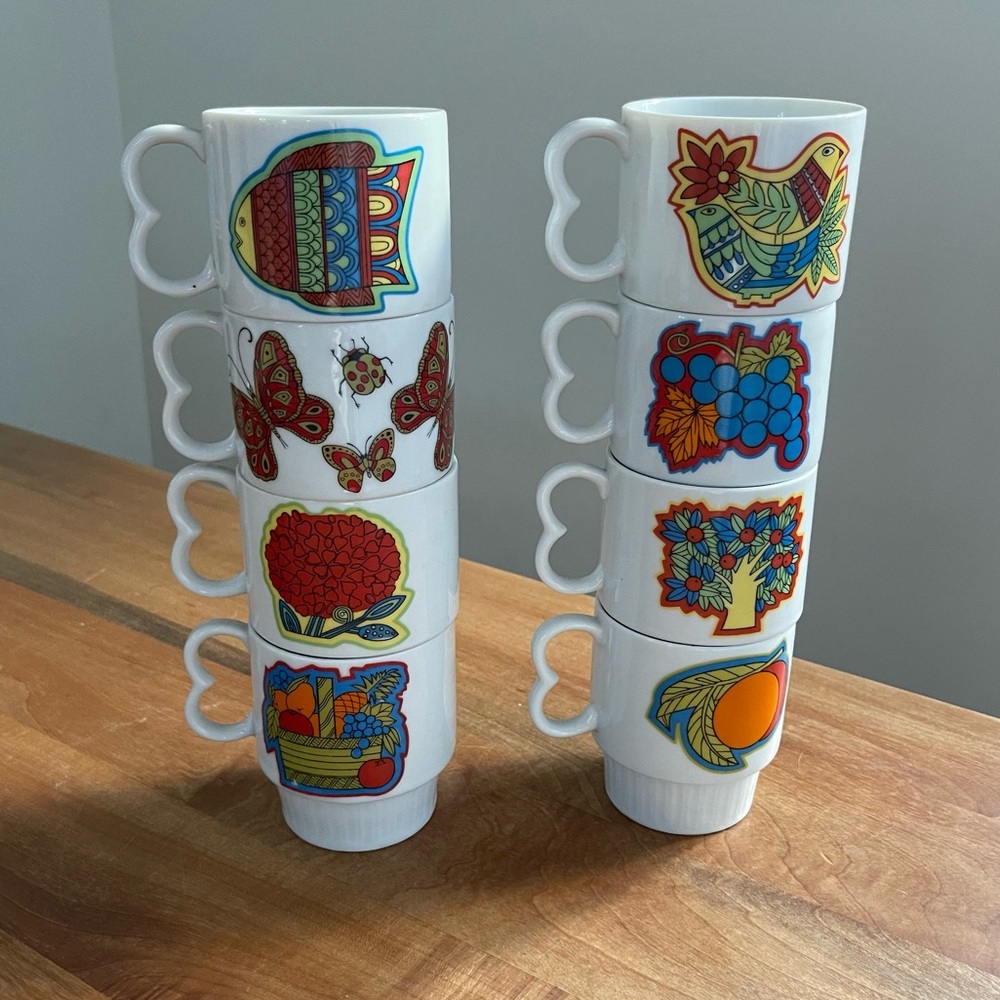 8 Vintage Set 60s Japanese Stacking Mugs Cups Bird Butterfly Fruit Graphic MCM